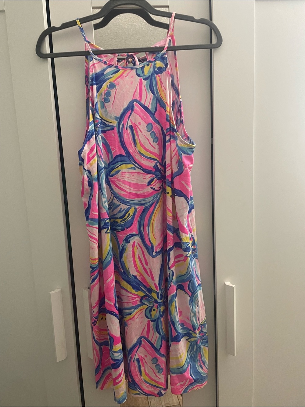 Lilly Pulitzer Dress Pink Floral with Blue & Yellow Motif Sz. L cute!